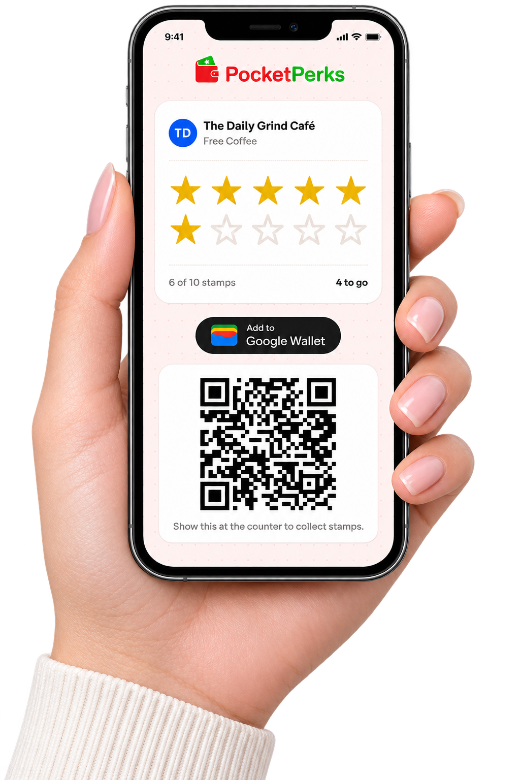 Amina's Coffee House loyalty pass in Google Wallet, 6 of 10 stamps collected